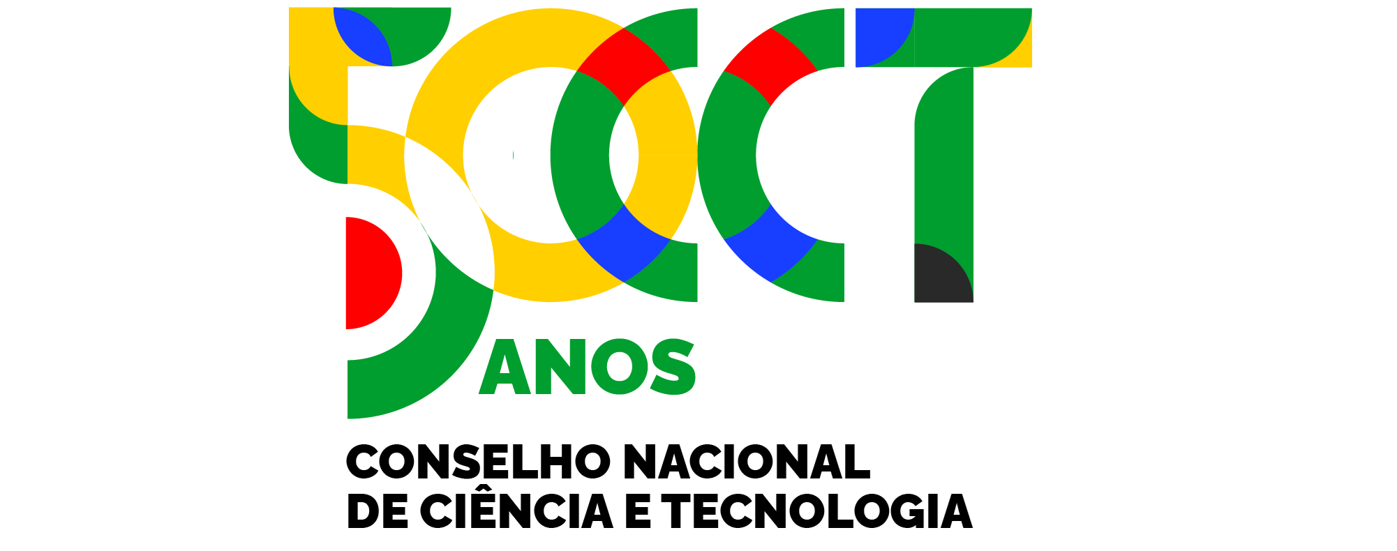 Logo com texto 50 anos CCT nas cores verde, amarelo, azul, vermelho e preto, com fundo branco. Abaixo o texto Conselho Nacional de Ciência e Tecnologia.